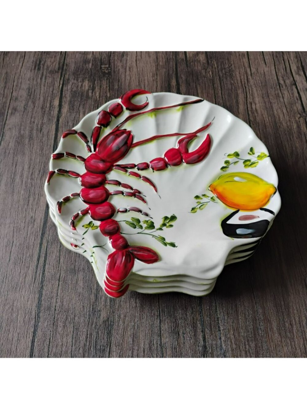 Vintage Italian Majolica 3D Lobster Platter, Hand Painted Scalloped Shell Plate - Picture 4 of 8